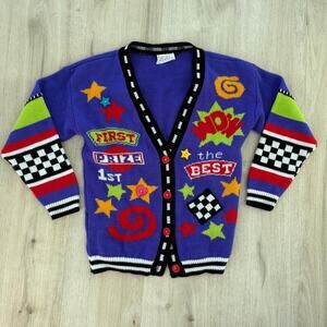 Vintage 90's Jet Set Sweaters Kids Novelty Cardigan Race Car Racing Sweater L